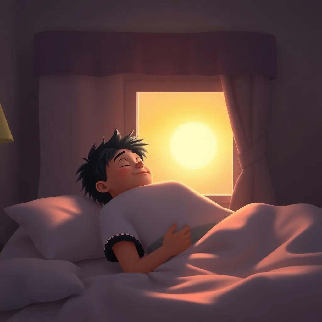 Carlos despidiéndose de Coco, el monstruo bajo la cama, con el amanecer asomando por la ventana, ambos sonriendo con una promesa de volver a jugar, tonalidades suaves de luz, emoción y amistad, arte digital, conmovedor