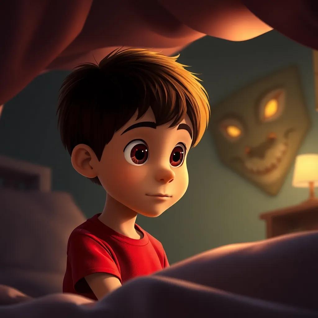 Diego, un niño valiente de 10 años, con cabello castaño corto y camiseta rojo, mirando curioso debajo de su cama donde hay ojos brillantes de un monstruo, habitación acogedora, luz suave, colores cálidos, perspectiva cercana