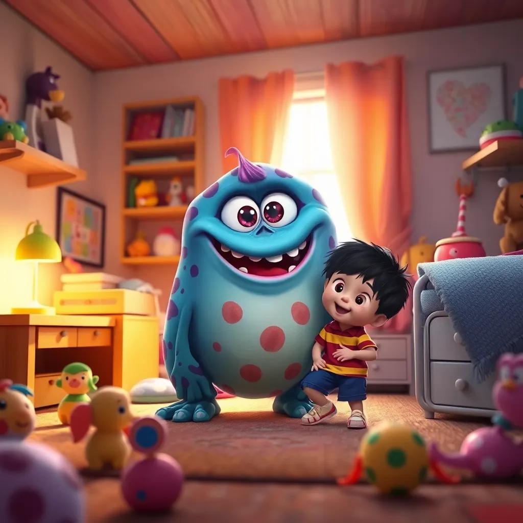 Momo, un monstruo de piel suave y colorida, con un gran sonrisa y ojos amables, está de pie junto a Diego en la habitación, llenos de juguetes, ambiente divertido, luz cálida, ilustración alegre