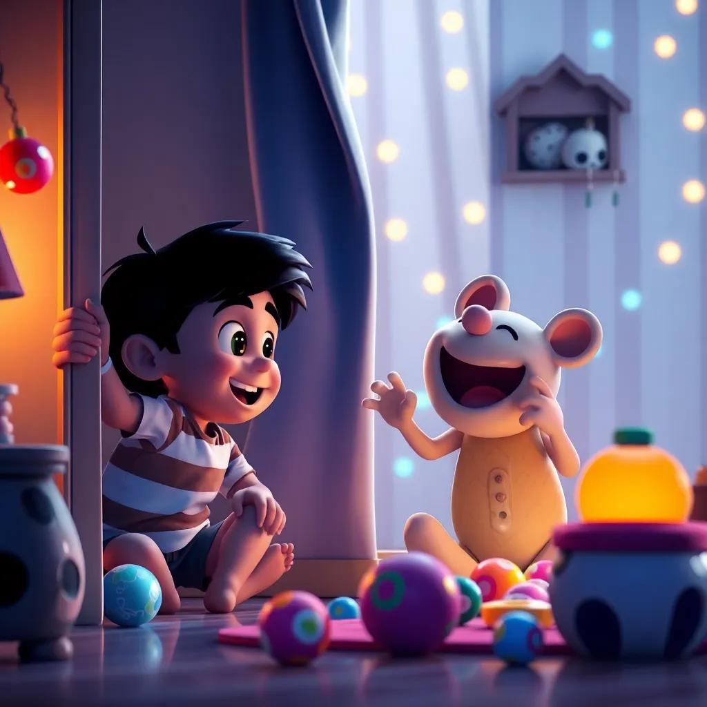 Diego y Momo jugando al escondite, Diego escondido detrás de la cortina y Momo riendo mientras lo busca, habitación iluminada con juguetes brillantes, escena animada, digital art, colores brillantes