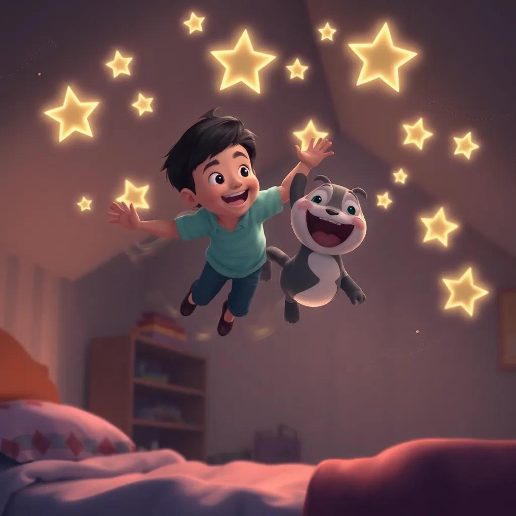 Diego volando por la habitación con Momo, ambos riendo, rodeados de estrellas dibujadas en el techo que brillan suavemente, atmósfera mágica, iluminación suave, ilustración soñadora
