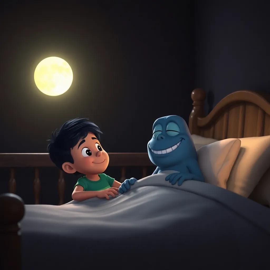 Diego y Momo diciendo adiós, Momo de regreso debajo de la cama con una gran sonrisa, habitación nocturna iluminada por la luna, cálida y acogedora, escena emotiva, luz suave