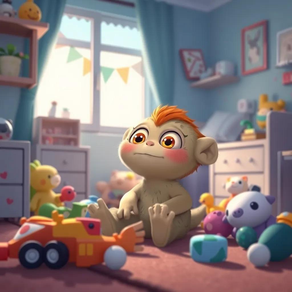 Tobi, un pequeño monstruo peludo, con ojos grandes y amarillos, sonriendo y sentado en el suelo, rodeado de juguetes, junto a Marco en la habitación, escena amigable, ilustración colorida, ambiente juguetón, vista en ángulo amplio, arte infantil