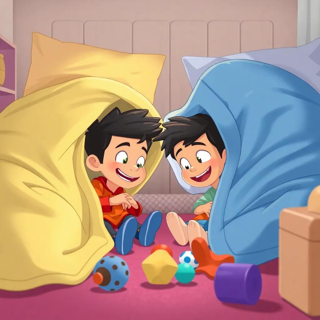 Marco y Tobi jugando a las escondidas, escondiéndose detrás de almohadas y mantas, riendo juntos en la habitación, con juguetes esparcidos por el suelo, escena alegre, ilustración dinámica, colores vibrantes, perspectiva divertida, arte infantil