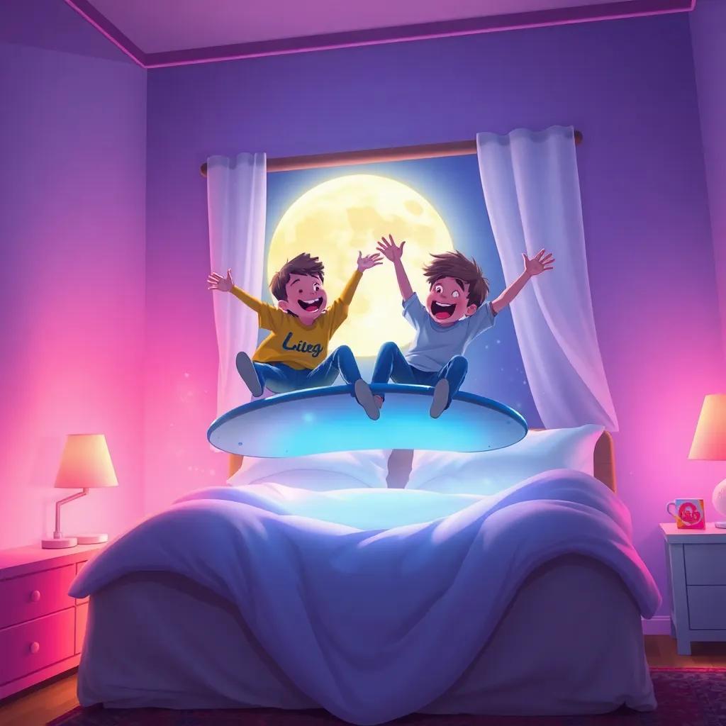 Marco y Tobi saltando sobre la cama usando una almohada como trampolín, con el cuarto iluminado por la luz de la luna, ambos riendo y disfrutando, escena mágica, dibujo digital, colores brillantes, perspectiva en acción, alta calidad