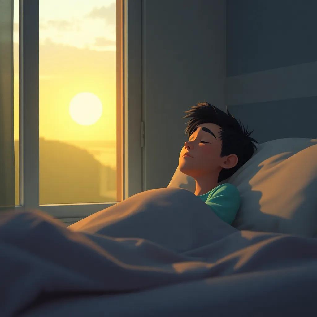 Marco despidiéndose de Tobi, un amanecer lleno de luz amarilla entrando por la ventana, Tobi sonriendo mientras se esconde bajo la cama, escena emotiva, colores suaves y melancólicos, vista en ángulo bajo, arte digital encantador
