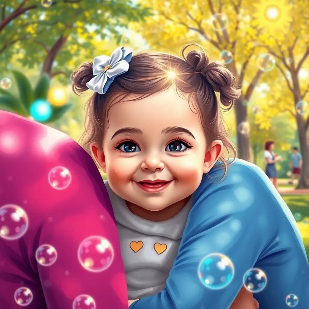 A cute baby girl, Mica, with sparkling star-like eyes, smiling while being hugged by her aunts, in a sunny park filled with bubbles, playful atmosphere, colorful, digital art, bright colors, cheerful