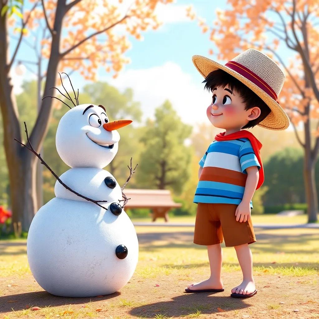 Nieve the snowman, looking curiously at a boy named Tomás, who is wearing a sun hat and shorts, standing in a sunny park, vibrant colors, joyful ambiance, digital artwork, child-friendly