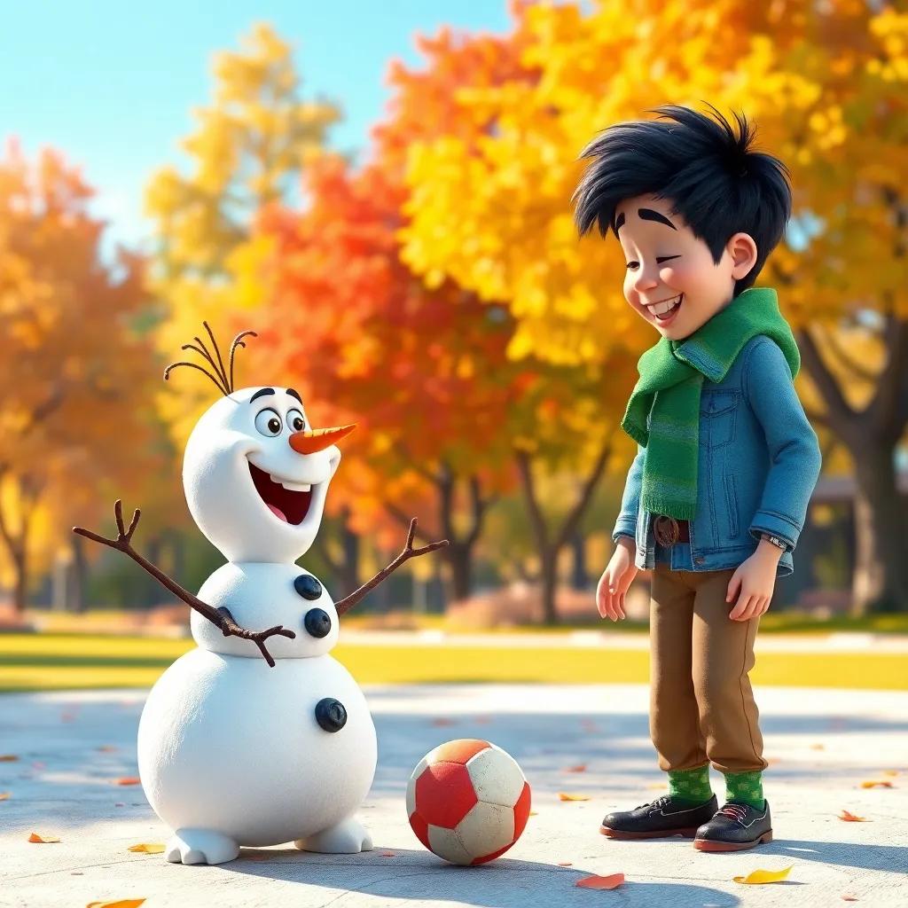 Nieve the snowman introducing himself to Tomás, both laughing and playing with a ball in a sunny park, colorful trees in the background, capturing the joy of friendship, digital art, vivid colors, warm lighting