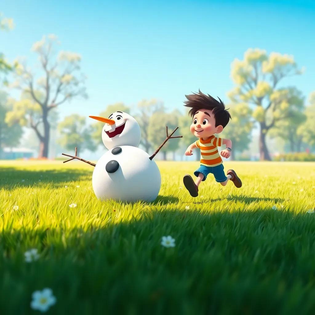 Nieve the snowman rolling on the grass, while Tomás runs beside him, both enjoying a sunny day at the park, bright blue sky above, playful vibe, high detail, illustration