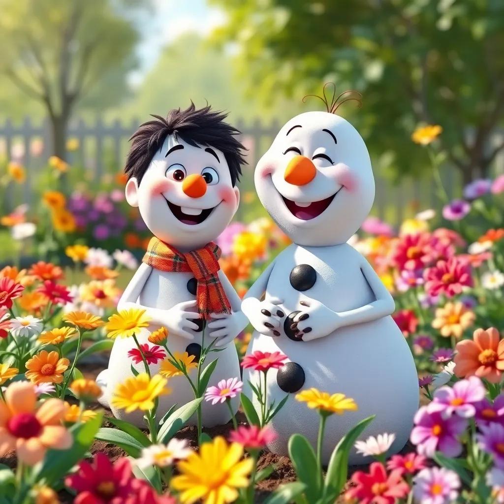 Tomás and Nieve the snowman planting flowers in a garden, both smiling, surrounded by vibrant flowers of different colors, sunny day, cheerful scene, fantasy style, high quality