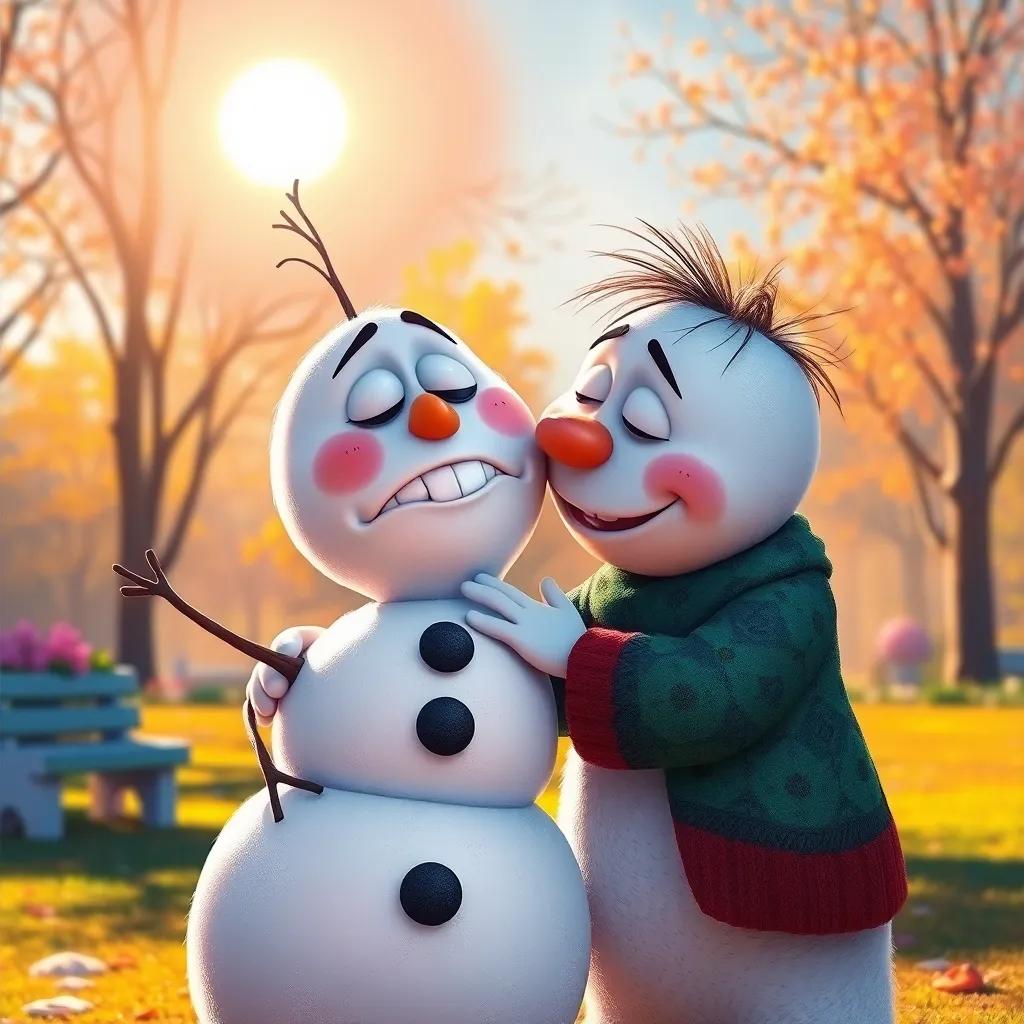 Nieve the snowman with drooping features under the warm sun, with Tomás comforting him, showing their bond, colorful park background, heartwarming atmosphere, digital painting, expressive