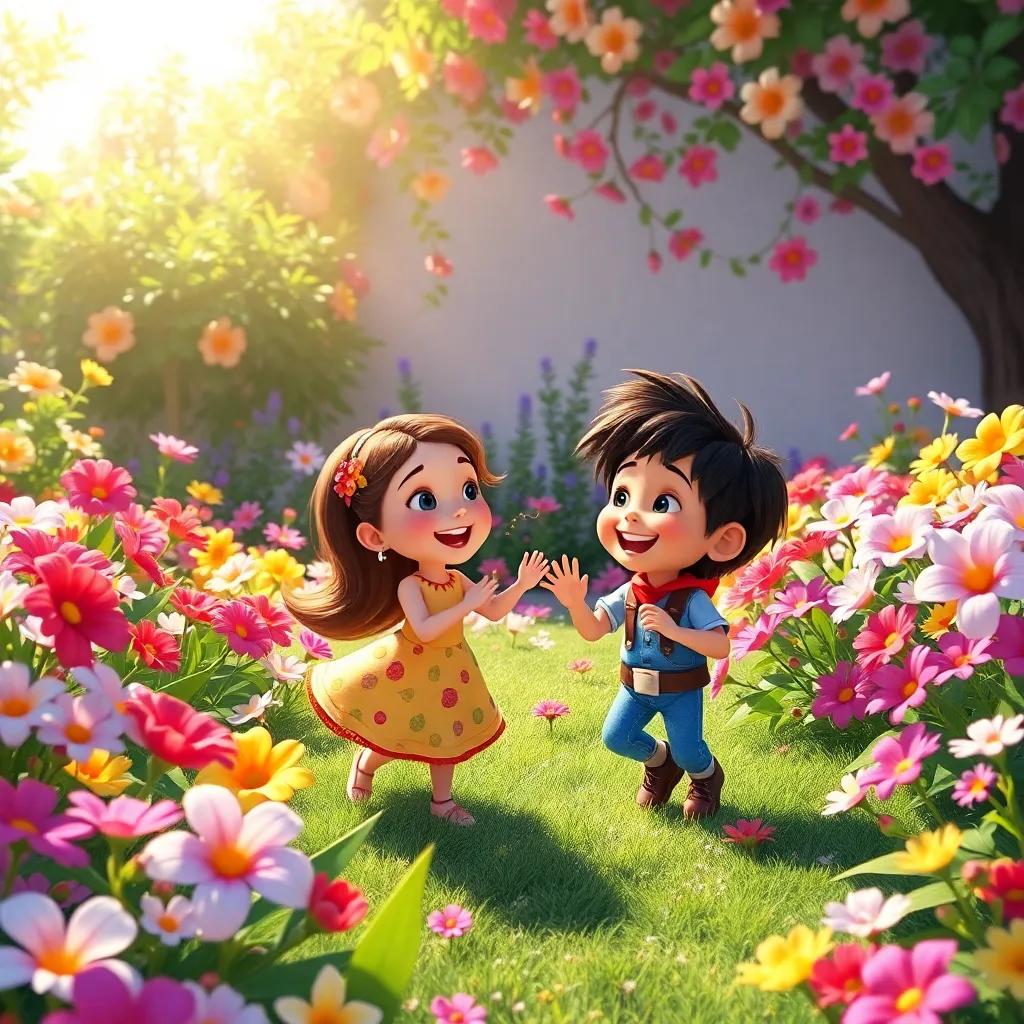A beautiful garden filled with colorful flowers, with Nieve and Tomás playing together, sunshine illuminating their antics, joyful scene, bright colors, fantasy illustration, high quality