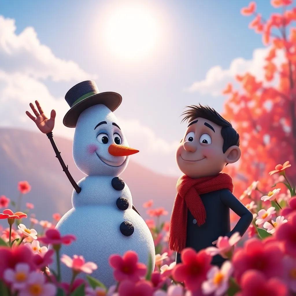 Nieve the snowman and Tomás waving goodbye under a bright sun, surrounded by flowers, Tomás smiling with a sadness, capturing the essence of friendship, warm tones, digital art