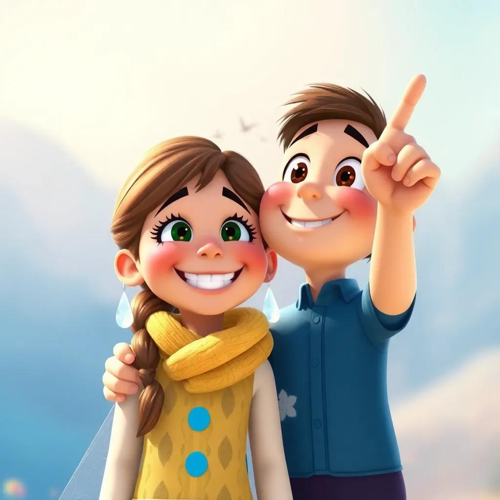 Nieve with a big smile, melting a bit but still happy, while Tomás pointing at the sky, symbolizing hope and friendship, colorful backdrop, heartwarming, detailed art, child-friendly