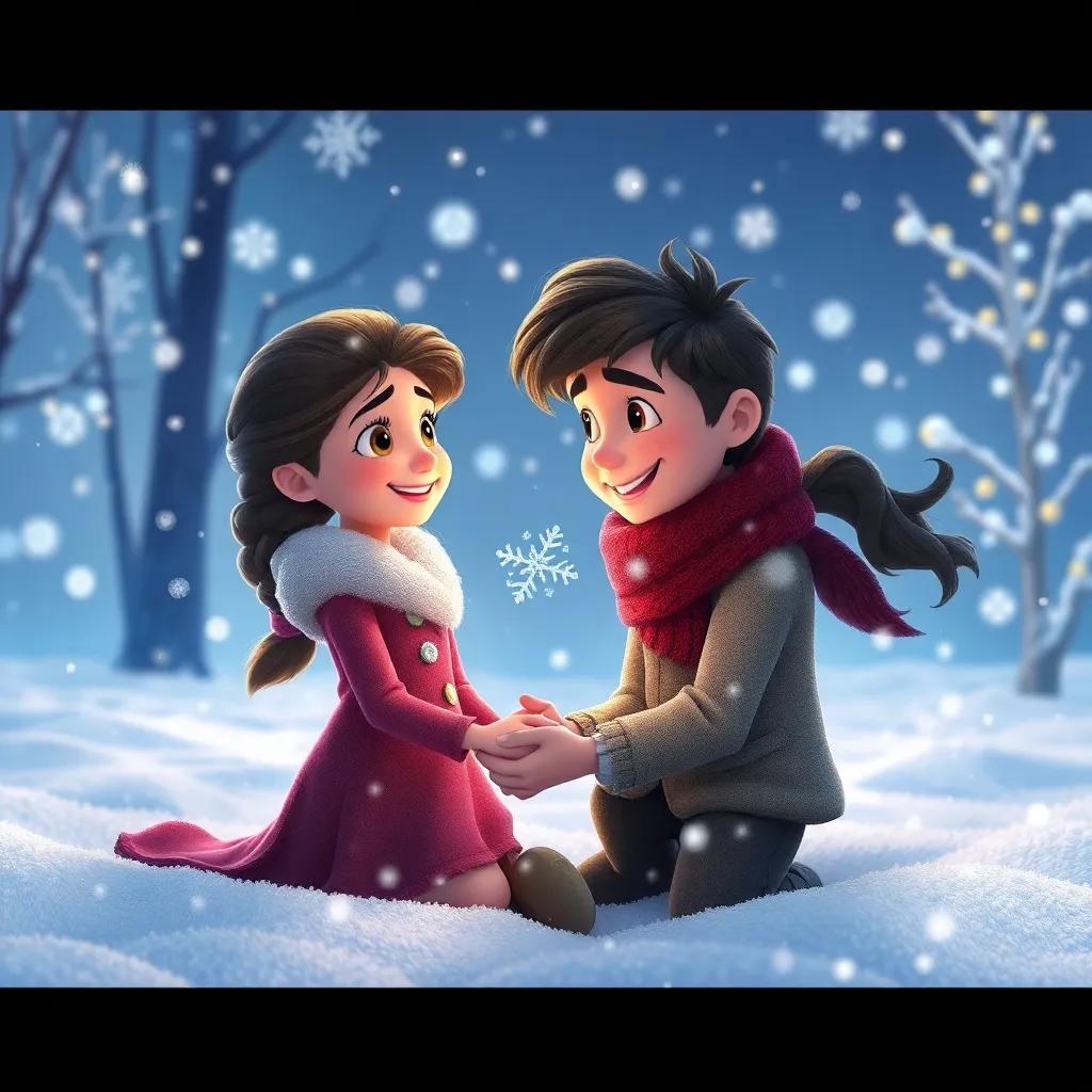 The memory of Nieve and Tomás playing together in winter, a beautiful winter landscape filled with snowflakes, showing the eternal bond of friendship, enchanting style, vivid colors, high quality