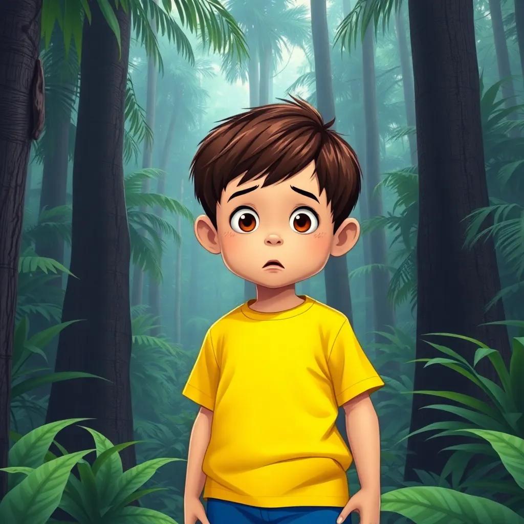 A five-year-old boy, Lucas, with short brown hair, wearing a bright yellow shirt and blue shorts, looking scared in a dense Amazon rainforest, tall trees and green plants surrounding him, digital art, vibrant colors, adventurous atmosphere, high quality