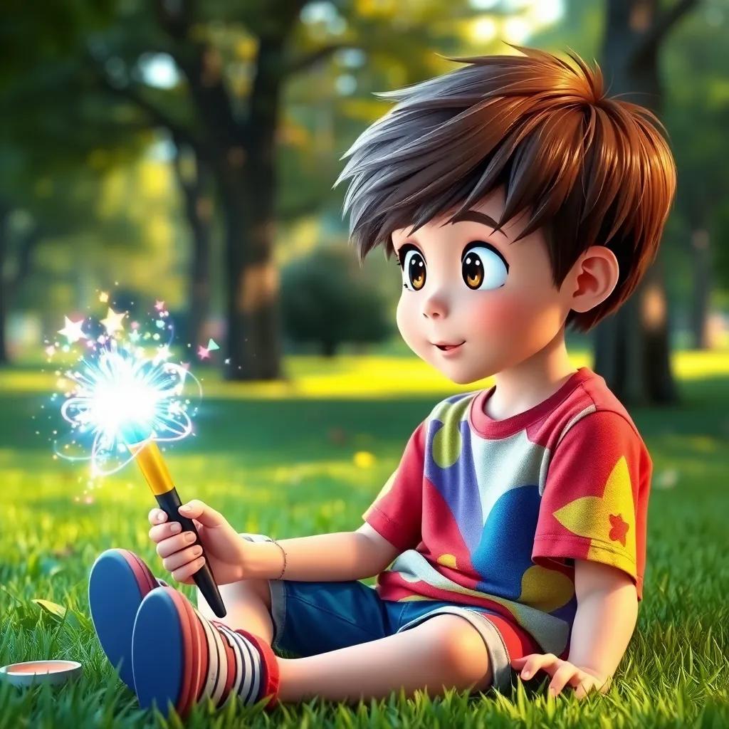 A young boy, Lucas, with short brown hair, wearing a colorful t-shirt and shorts, sitting on the grass in a park, looking surprised at a sparkling magical paintbrush, digital art, vibrant colors, cheerful atmosphere, high quality