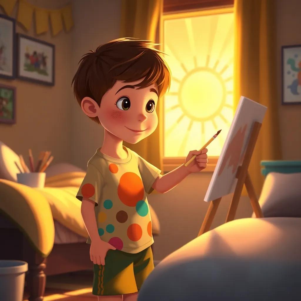 Lucas, a young boy with short brown hair, wearing a colorful t-shirt and shorts, painting a bright sun in his room, magical sunlight pouring in through the window, illustration, warm tones, imaginative scene, engaging