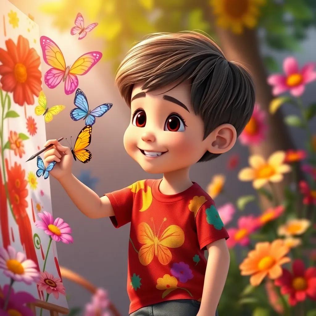 Lucas, a young boy with short brown hair, wearing a colorful t-shirt and shorts, painting flowers and butterflies that come alive in the air, colorful and lively setting, child-friendly, joyful vibes, high quality