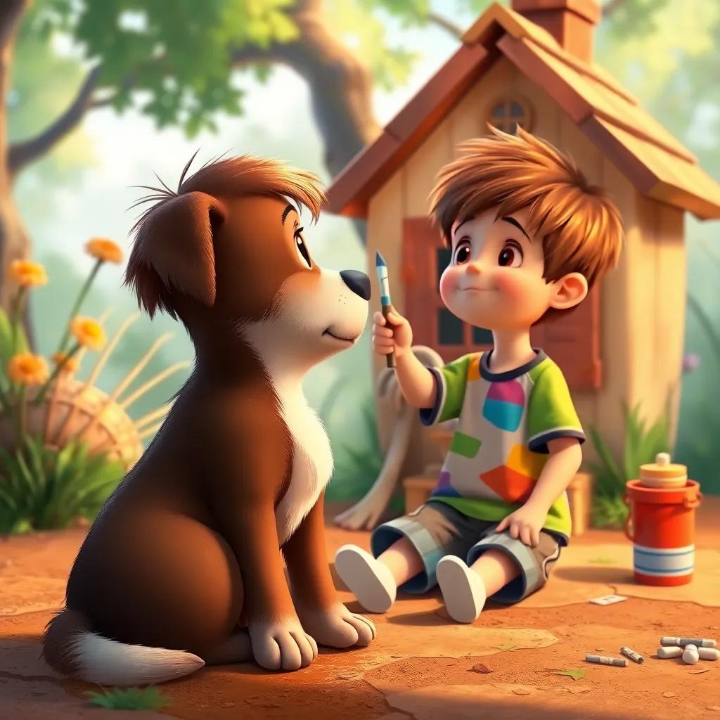 A sad dog sitting on the ground, looking up at Lucas, a young boy with short brown hair, wearing a colorful t-shirt and shorts, painting a little house, digital art, bright colors, heartwarming, story-like