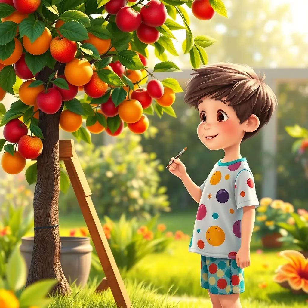 Lucas, a young boy with short brown hair, wearing a colorful t-shirt and shorts, painting a fruit tree with many fruits for his grandmother, sunny garden background, cheerful and uplifting, detailed