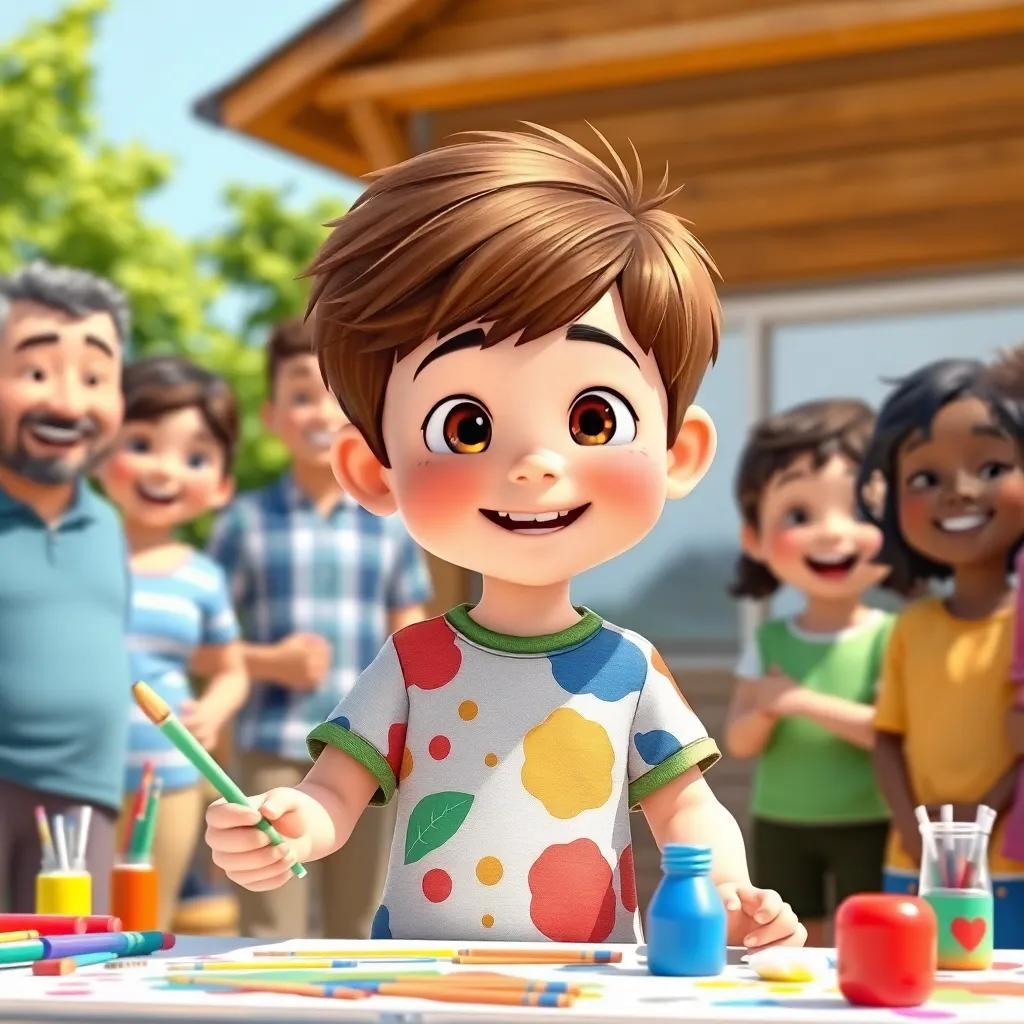 Lucas, a young boy with short brown hair, wearing a colorful t-shirt and shorts, surrounded by happy neighbors watching him paint colorful things, joyful expressions, bright sunny day, community-themed, illustration