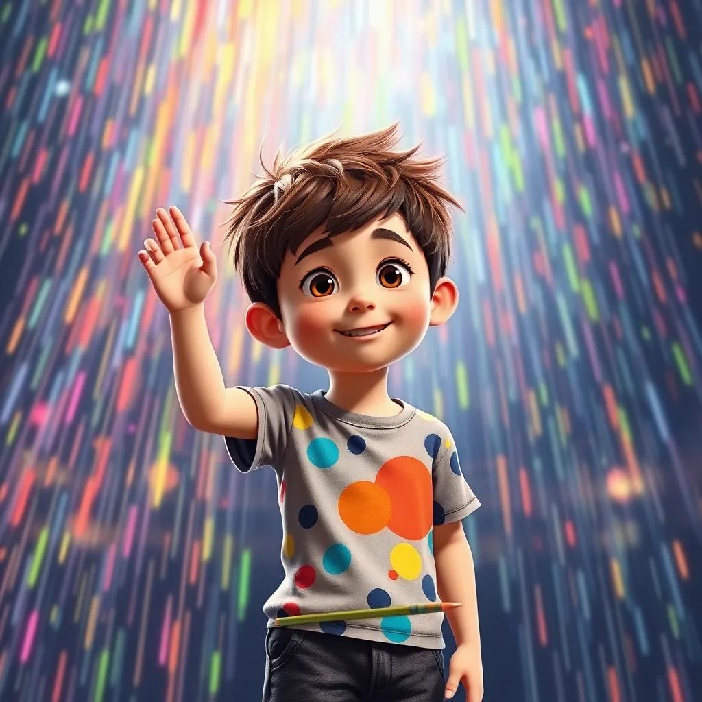 Lucas, a young boy with short brown hair, wearing a colorful t-shirt and shorts, painting a colorful rain shower that enchants children, magical atmosphere, playful and vibrant, high quality