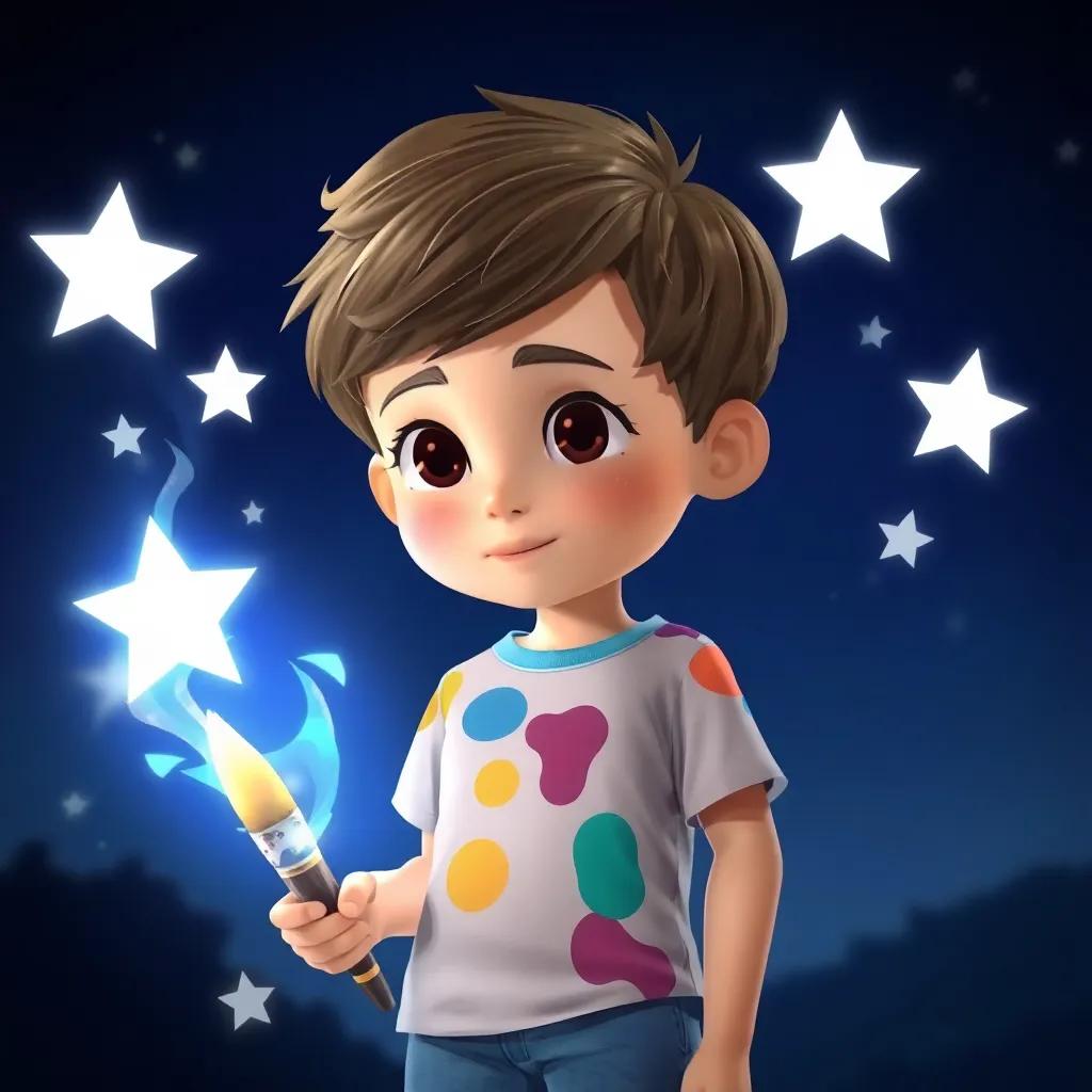 Lucas, a young boy with short brown hair, wearing a colorful t-shirt and shorts, looking thoughtfully at his magical paintbrush, stars around him symbolizing creativity and imagination, child-friendly, night background