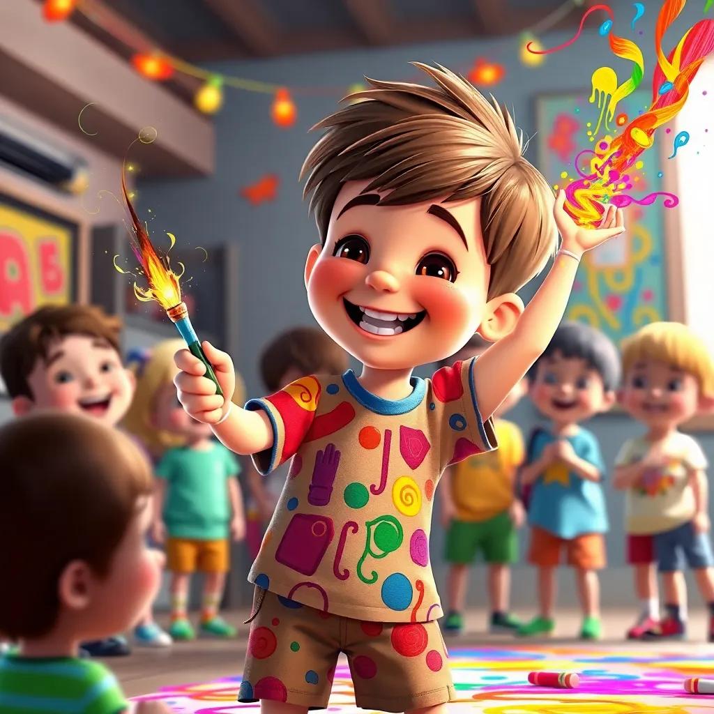Lucas, a young boy with short brown hair, wearing a colorful t-shirt and shorts, joyfully creating colorful drawings with his magic brush, surrounded by children laughing, lively scene, bright and happy