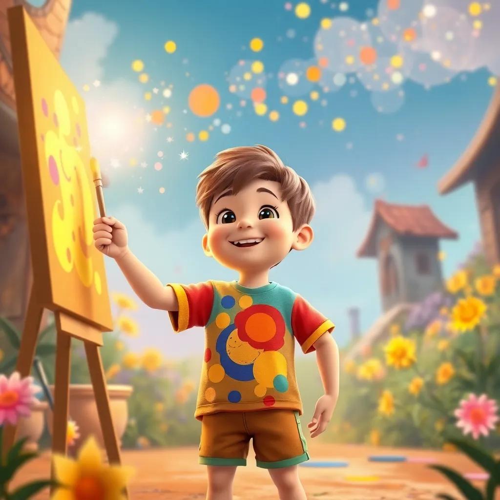 Lucas, a young boy with short brown hair, wearing a colorful t-shirt and shorts, painting magical things for his friends, spreading joy and laughter everywhere, dreamlike setting, vibrant colors, uplifting