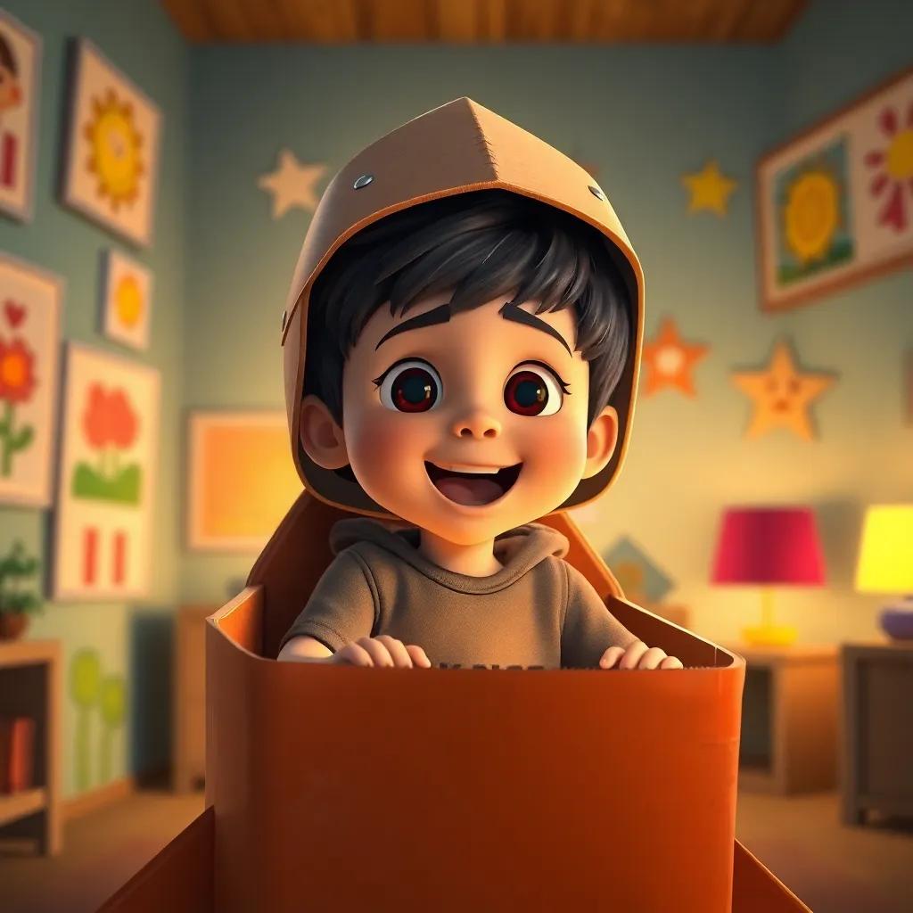 A brave boy, Tomás, with short dark hair, wearing a paper helmet, sitting in a cardboard rocket in his room, excited, colorful drawings on the walls, warm light, cheerful atmosphere, child-friendly, high quality