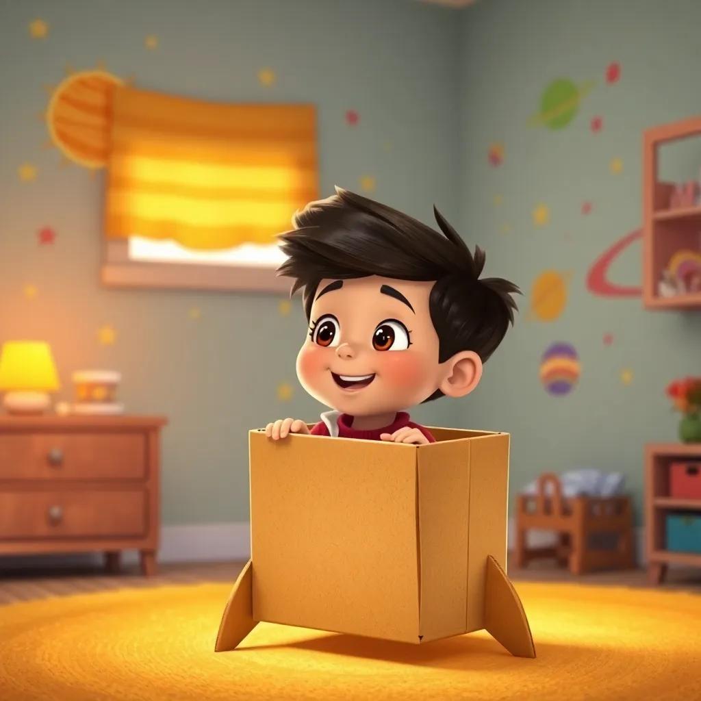 Tomás, in his cardboard rocket, preparing for takeoff, surrounded by stars and colorful planets drawn on the walls of his room, bright colors, playful, cozy atmosphere, child-friendly, high quality
