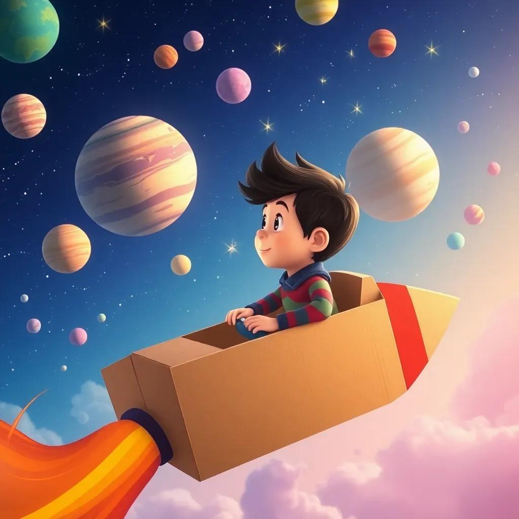 Tomás, flying in his cardboard rocket through space, looking out the window at colorful planets, stars shining brightly, dreamy sky, bright colors, whimsical, fantasy, high quality