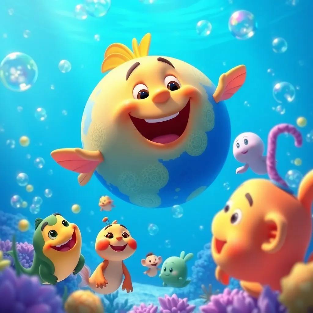 A vibrant blue planet, with friendly creatures playing in the water, Tomás laughing and playing with them, colorful underwater bubbles, joyful atmosphere, child-friendly, high quality
