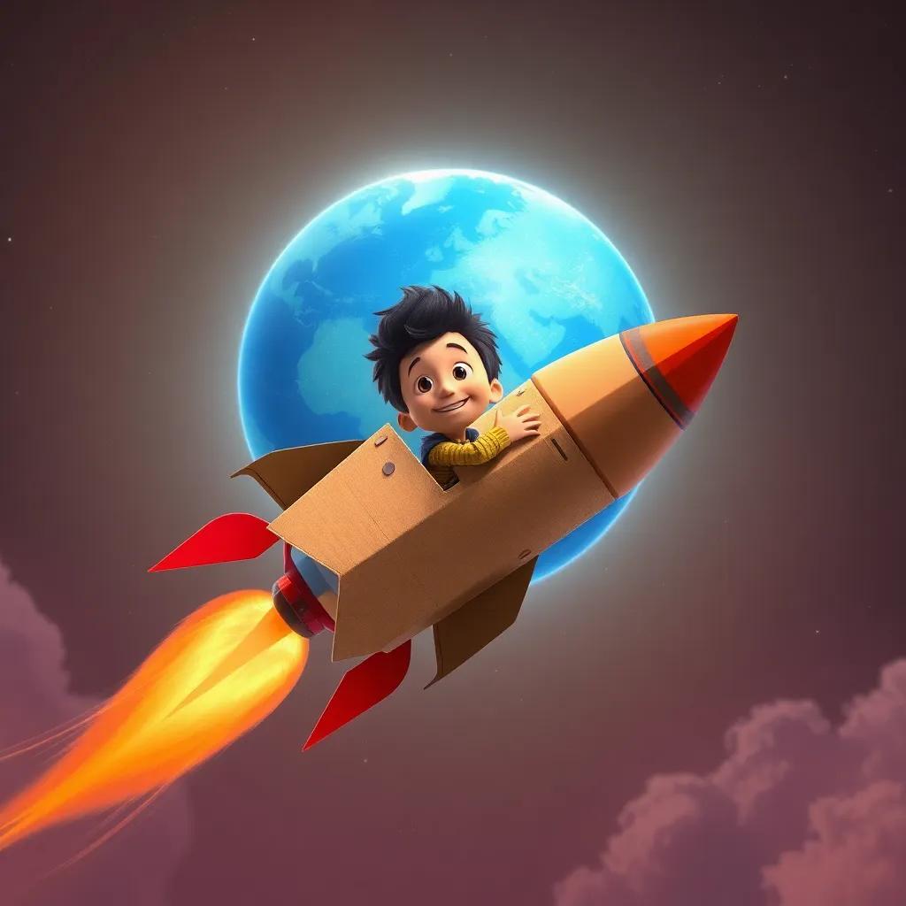Tomás, in his cardboard rocket, flying back to Earth, with the blue planet behind him, warm colors, inviting sky, cheerful atmosphere, high quality