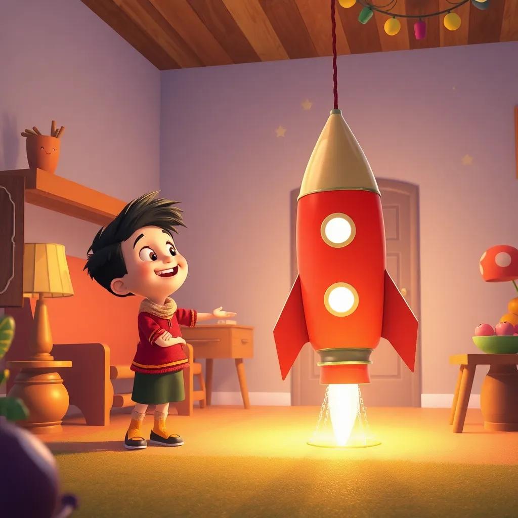 Tomás landing his cardboard rocket safely at home, joyful expression, his mother waiting for him with open arms, warm cozy light, storybook setting, loving atmosphere, high quality