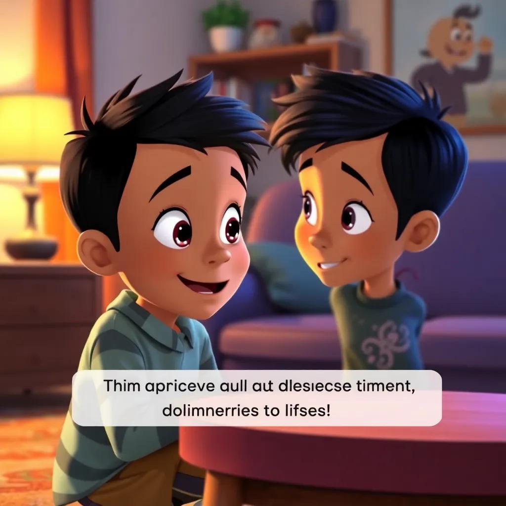 Tomás telling his adventure to his mom, animatedly describing his journey with excitement in his eyes, cozy living room setting, vibrant colors, child-friendly, high quality