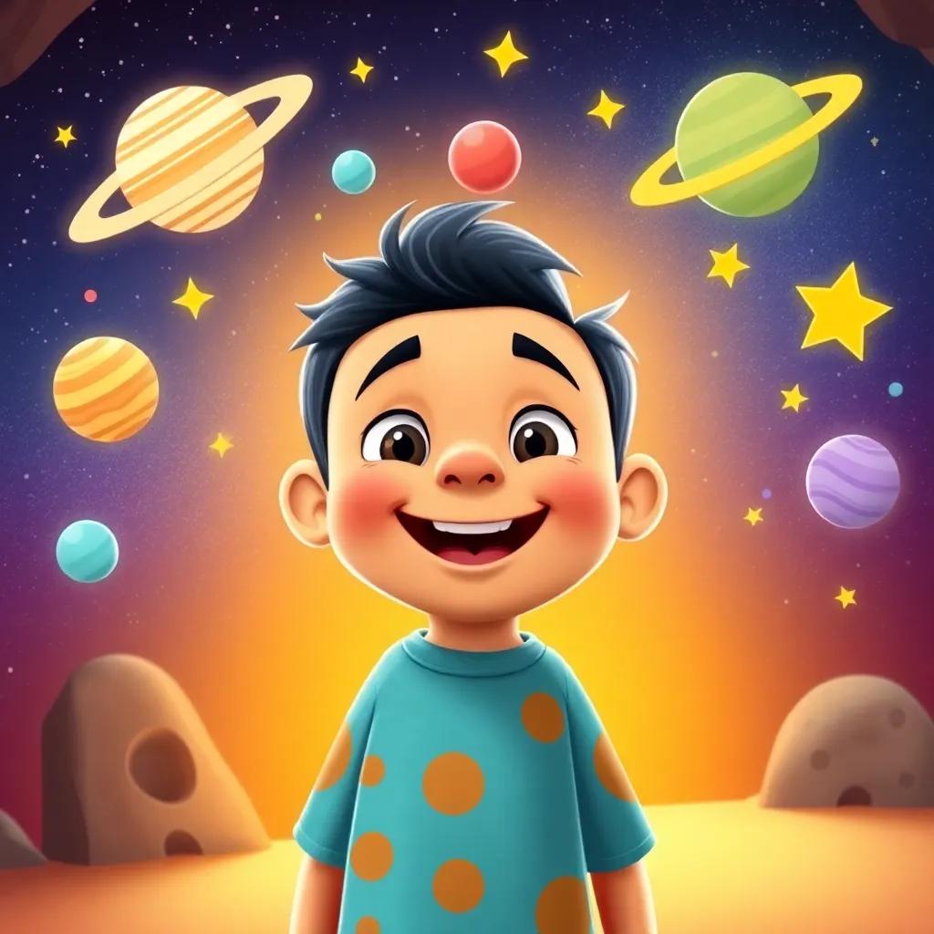 Tomás smiling widely, with illustrations of planets and stars around him, ready to share his stories, bright colors, imaginative setting, child-friendly, high quality