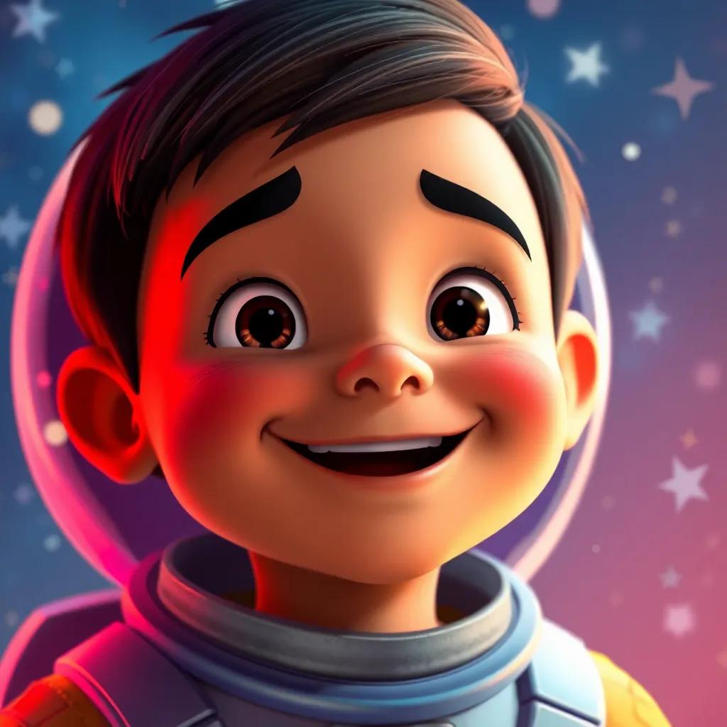 A close-up of Tomás's beaming face, with sparkles and stars in the background, sharing his dream of being an astronaut, vivid colors, imaginative atmosphere, high quality