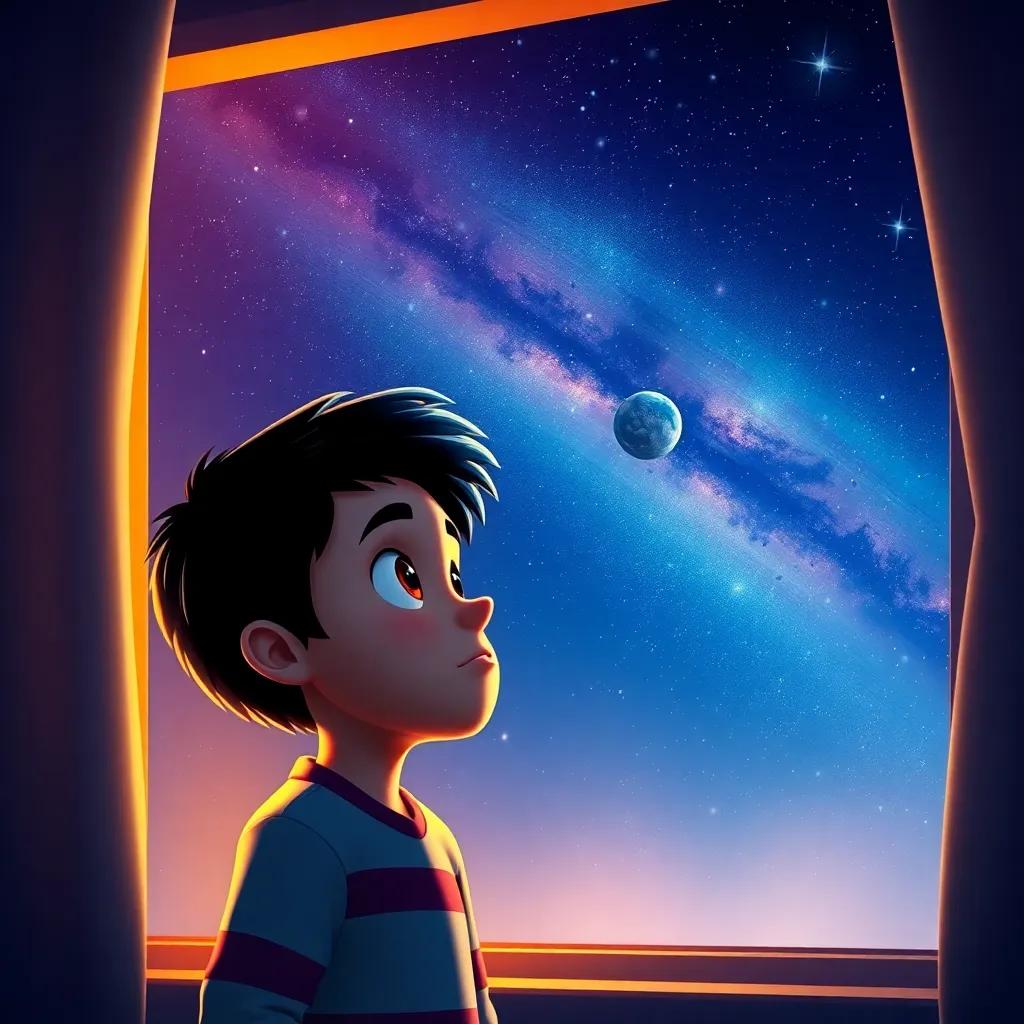 Tomás with a determined look, staring at the starry night sky through his window, dreaming of space, warm cozy light, vibrant colors, inspirational, high quality