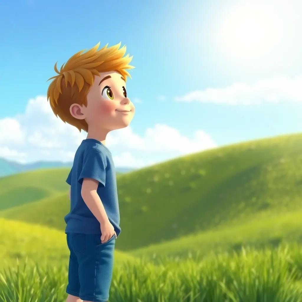 Lucas, un niño soñador con cabello castaño claro, usando una camiseta azul y pantalones cortos, mirando hacia el cielo desde una colina verde, digital art, sunny, bright colors, cheerful atmosphere, high quality