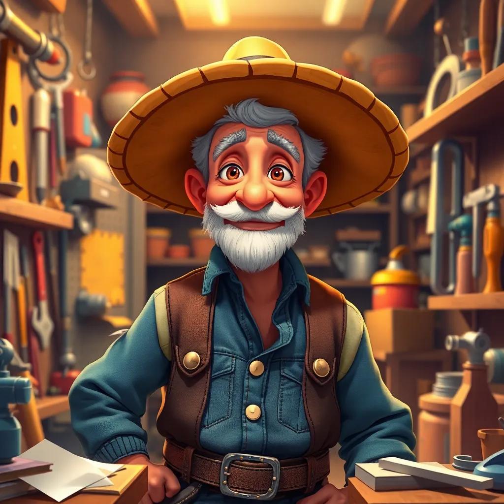 Don Miguel, un anciano inventor, con cabello canoso y barba blanca, usando un sombrero de paja y un overol de trabajo, en su taller lleno de herramientas y materiales brillantes, illustration, vibrant colors, warm light, engaging