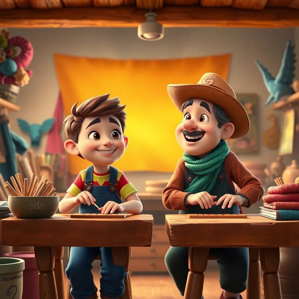 Lucas y Don Miguel, trabajando juntos en las alas, rodeados de madera y tela colorida, ambos riendo con alegría, creative workshop scene, colorful, inviting atmosphere, charming