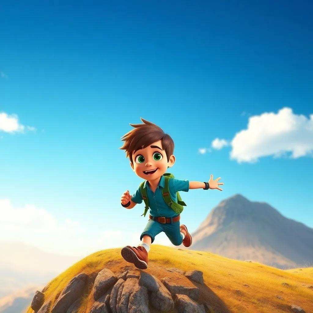 Lucas, con sus alas brillantes y coloridas, corriendo desde una colina alta, listo para despegar, con una mirada emocionada en su rostro, bright sky, adventure-themed, high quality