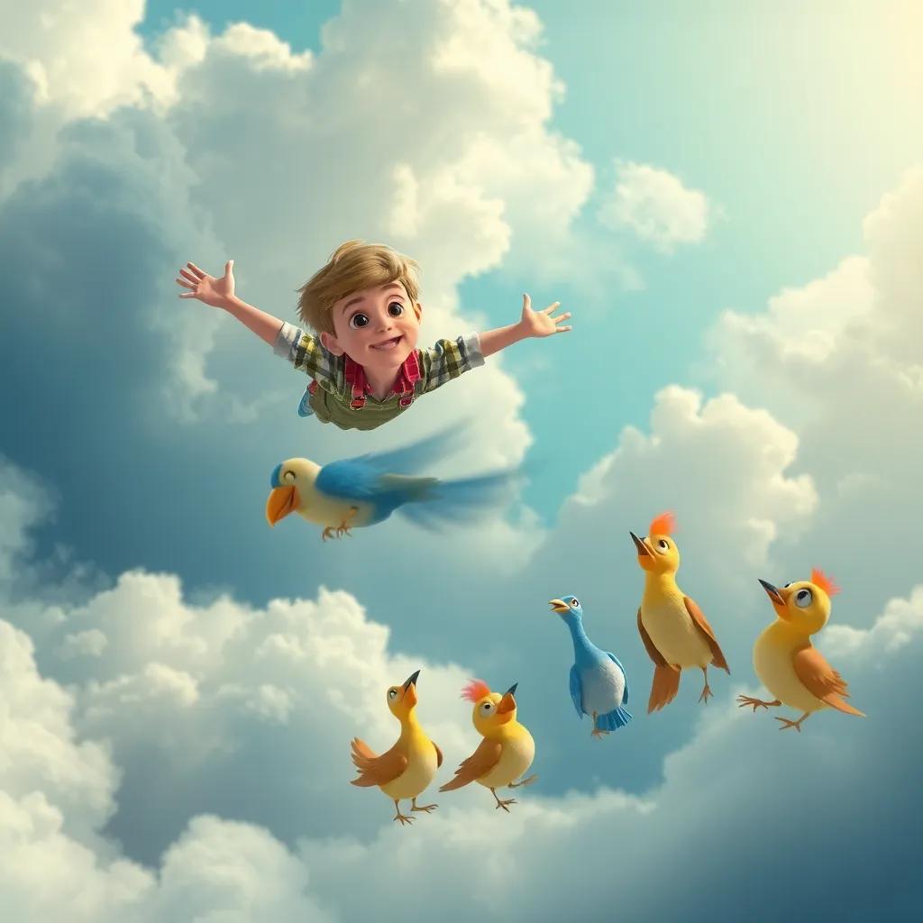 Lucas volando en el cielo, rodeado de nubes suaves y una familia de pájaros, todos riendo y jugando juntos, fantasy atmosphere, vibrant colors, child-friendly