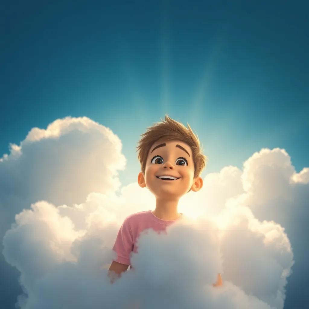 Lucas aterrizando en una nube esponjosa, con una expresión de sorpresa y felicidad, el sol brillando sobre él, warm light, dreamy, high quality