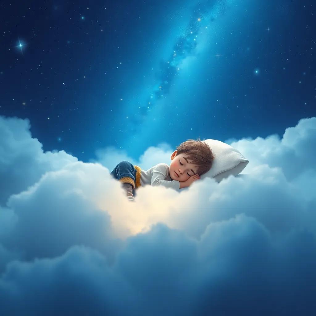 Lucas durmiendo sobre una nube suave, con estrellas y luces mágicas alrededor, un lugar mágico y tranquilo, enchanting, serene, high quality