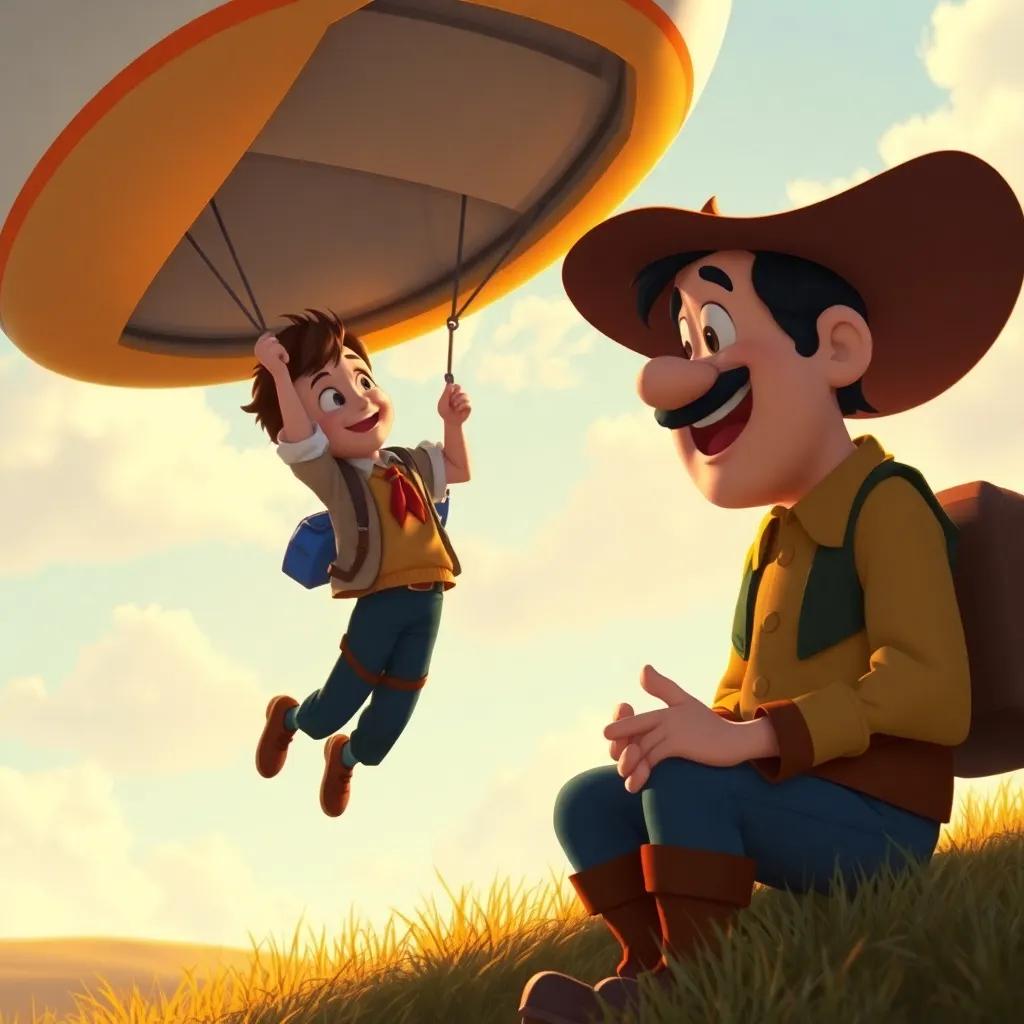 Lucas descendiendo de su vuelo hacia la colina, Don Miguel sonriendo y aplaudiendo, ambiente cálido y acogedor, joyful reunion scene, high quality