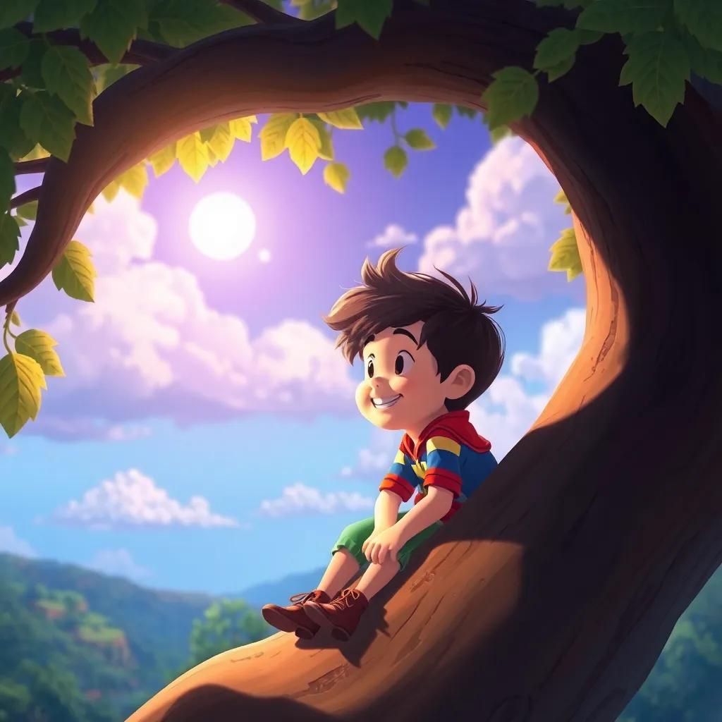 Lucas, feliz y satisfecho, sentado en su árbol favorito, mirando las nubes y recordando su aventura, peaceful scenery, colorful, heartwarming